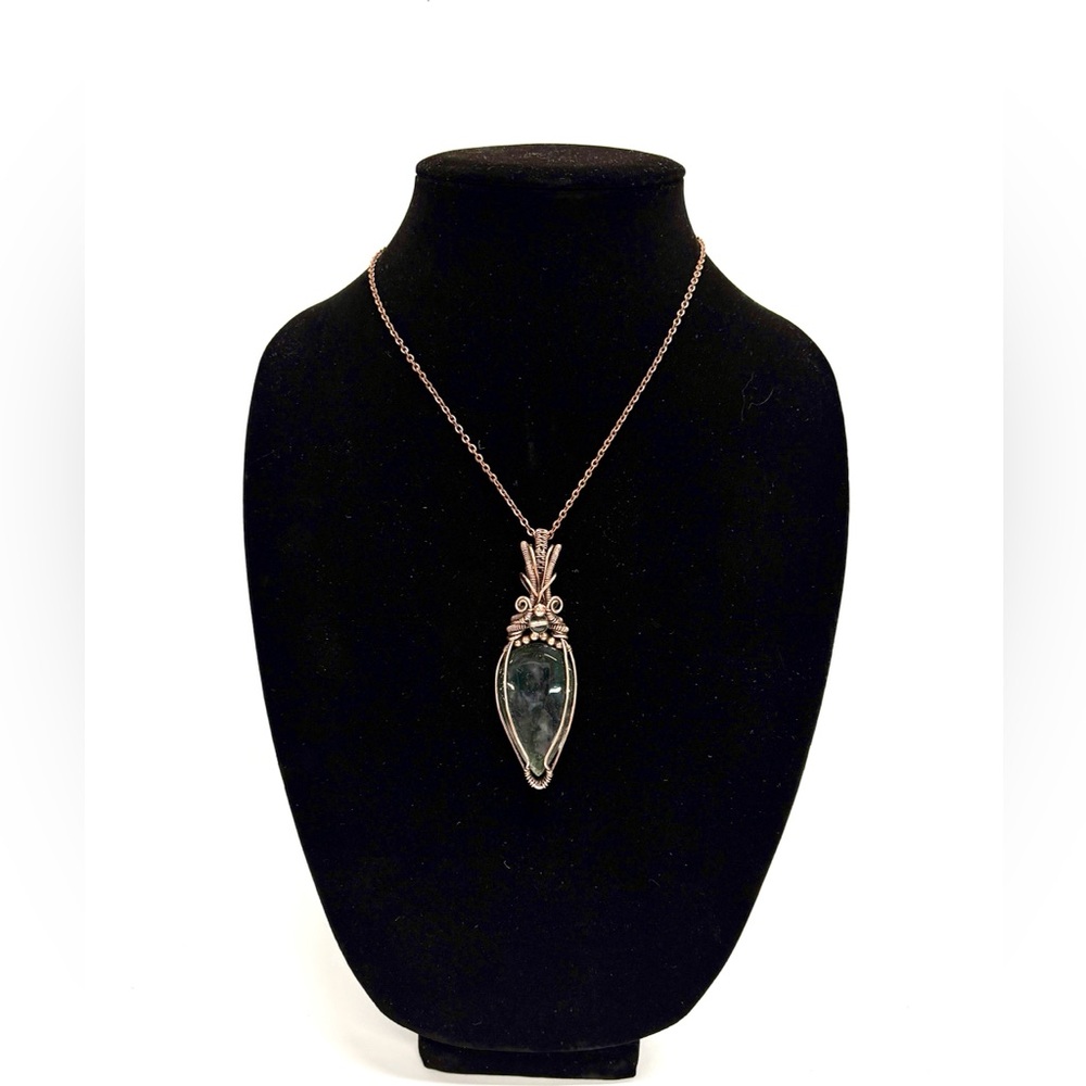 HANDMADE MOSS Agate & Clear Quartz Hand Wrapped Copper Statement Necklace, Gift - Picture 4 of 10